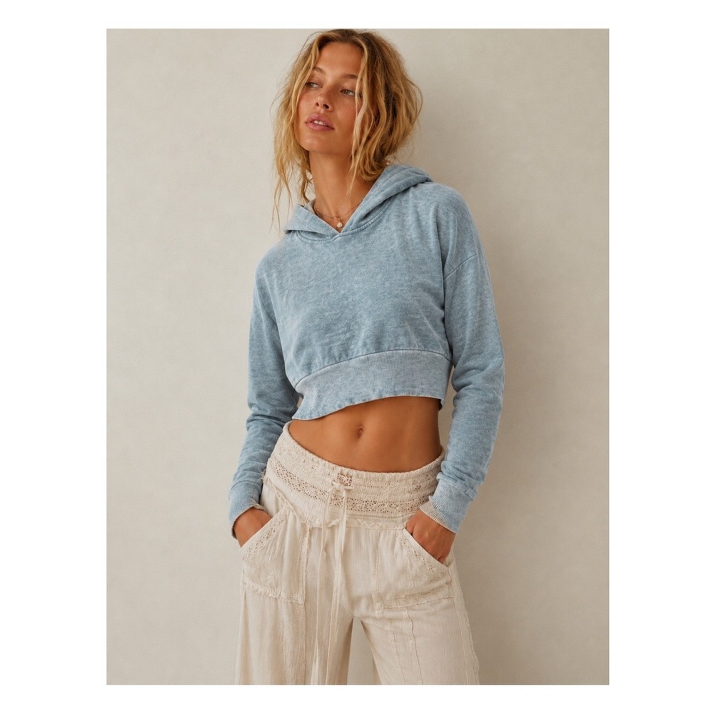 Roxy Cropped Hoodie Blue Heather Ribbed Pullover Sweatshirt Surf‎ Beach Coastal
